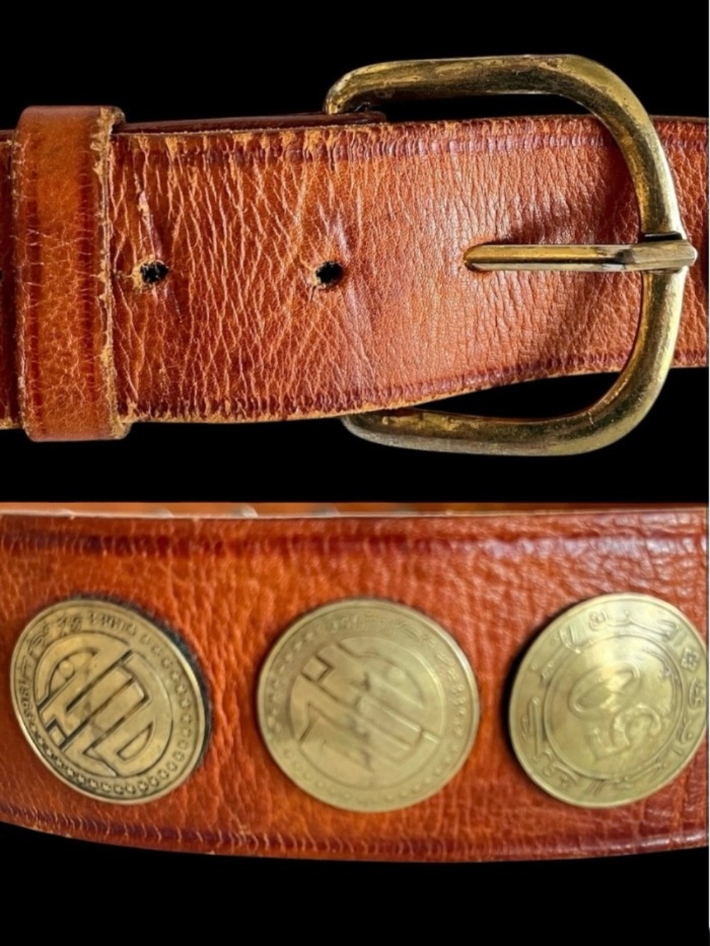 Vintage Leather Coin Belt Brass Bronze Algerian Moroccan French Coins 80s Punk